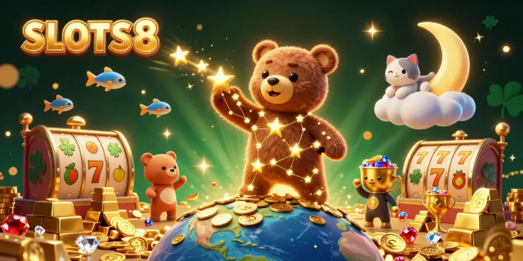 Experience endless fun with SLOTS8 in a dazzling casino-themed 3D illustration.