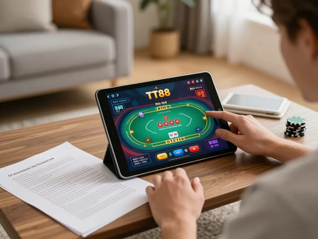 Engaging with TT88 online gaming app during a cozy home session with strategy notes