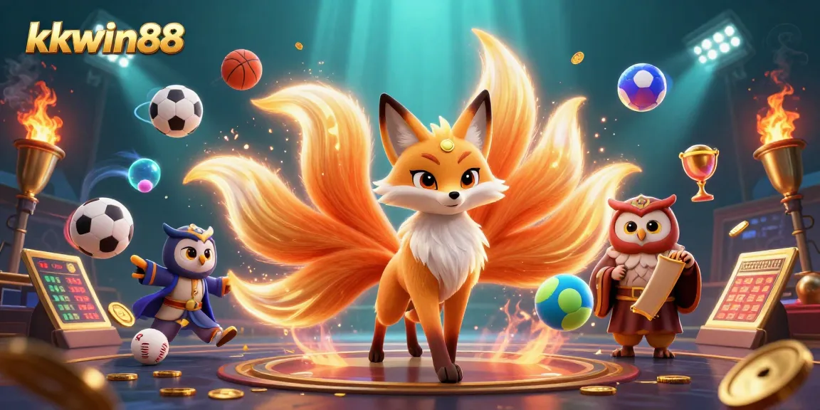 Engage with kkwin88 at a vibrant online casino featuring a nine-tailed fox spirit and sports elements.