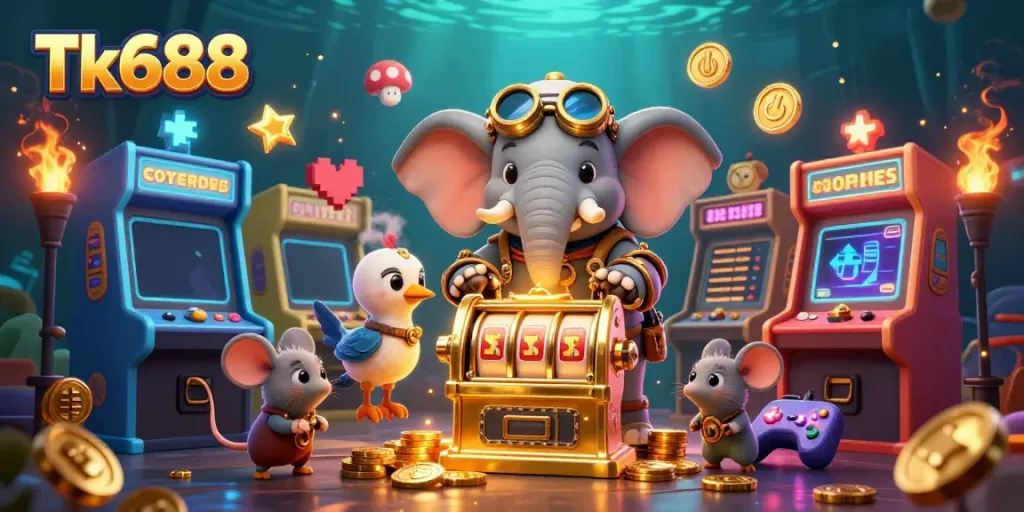 Spin the golden slot machine in TK688's vibrant casino environment, showcasing interactive game elements.