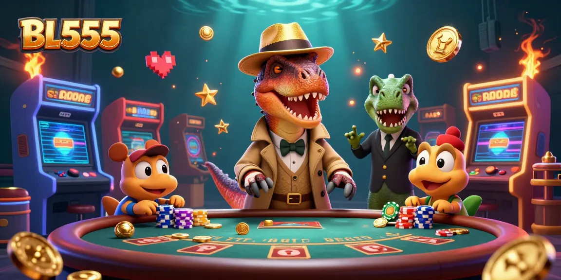 Experience thrilling gameplay with BL555 in a vibrant 3D casino scene filled with engaging characters.