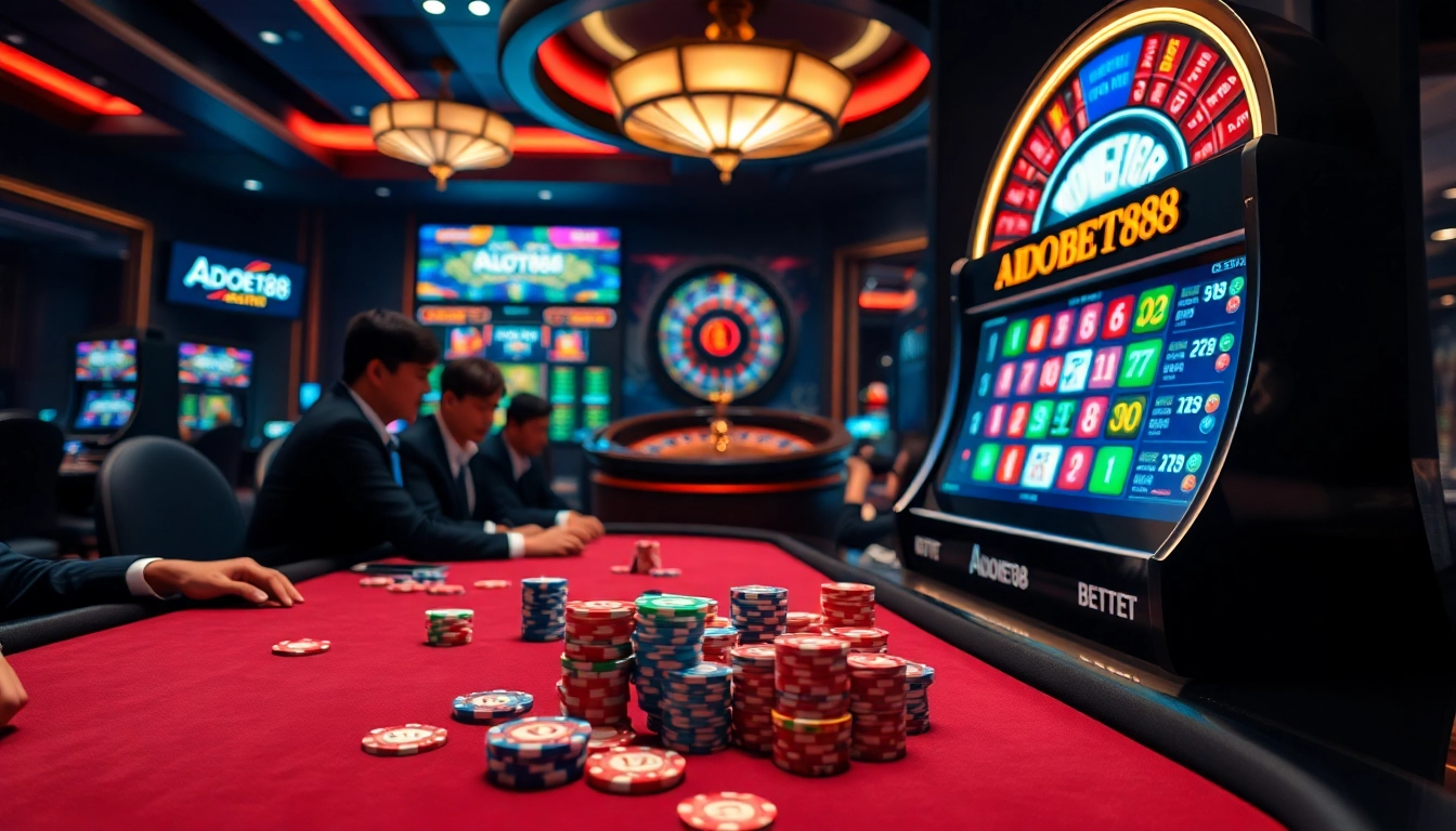Experience the excitement of adobet88 at a bustling casino table showcasing poker chips and slot machines.