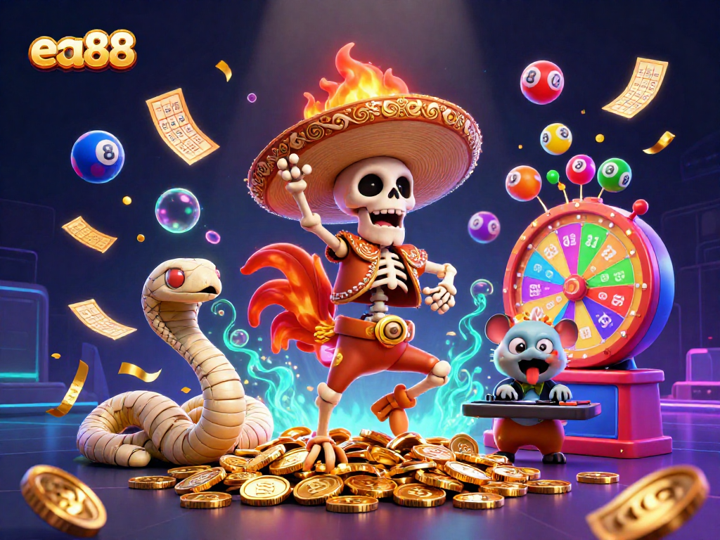 ea88 players celebrate their wins in a vibrant casino scene filled with lottery balls and prizes