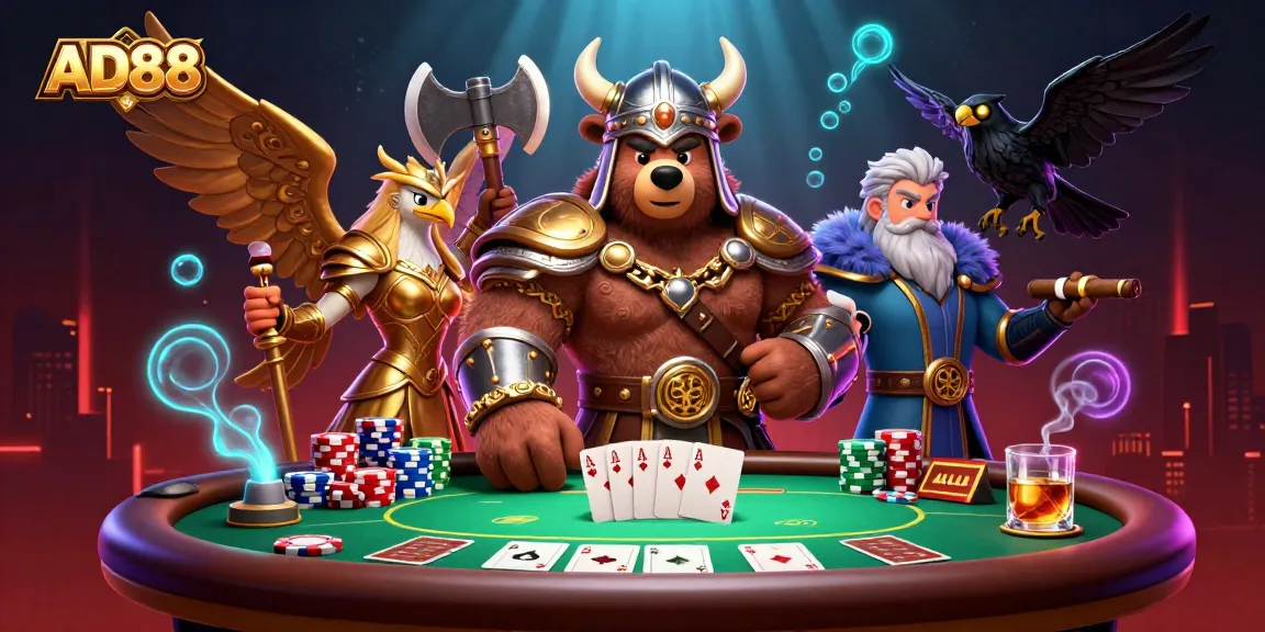 AD88 enriches the poker game atmosphere with Viking characters and vibrant casino elements.