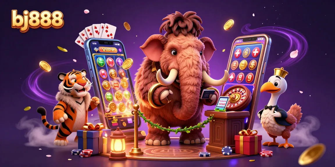 BJ888 casino scene featuring a woolly mammoth bouncer, saber-tooth tiger VIP, and dodo bird doorman amidst dynamic gaming elements.