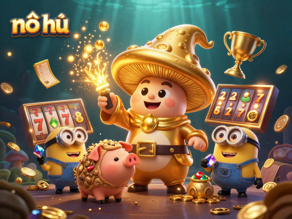 Spin the slots with nổ hũ as the magical mushroom wizard turns everything to gold in this vibrant scene.