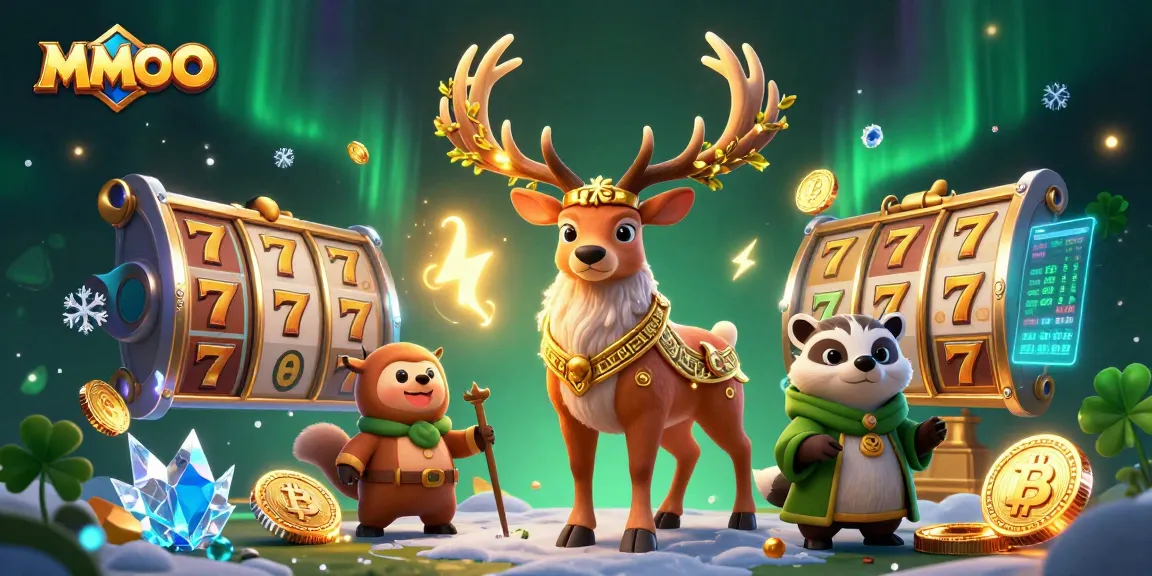 Experience the excitement of MMOO's casino scene featuring dynamic slot elements with vibrant 3D characters.