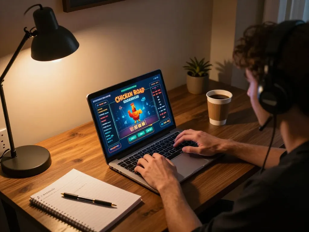 Scena coinvolgente di gioco domestico con un giocatore concentrato su recensioni chicken road durante una sessione di casinò online con appunti strategici nelle vicinanze