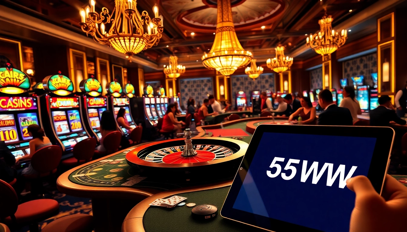 Players engaging in casino games with 55WW branding, showcasing excitement and luxury.