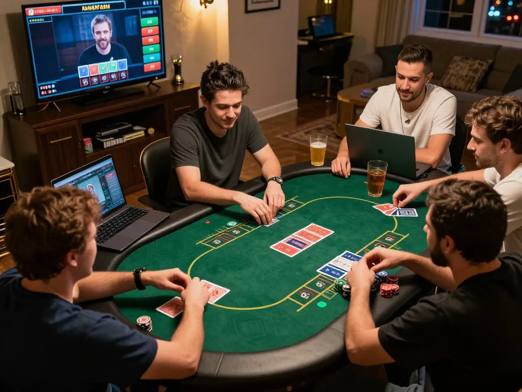 Players engaging in a lively VU88 poker night online, with screens showing cards and chips.