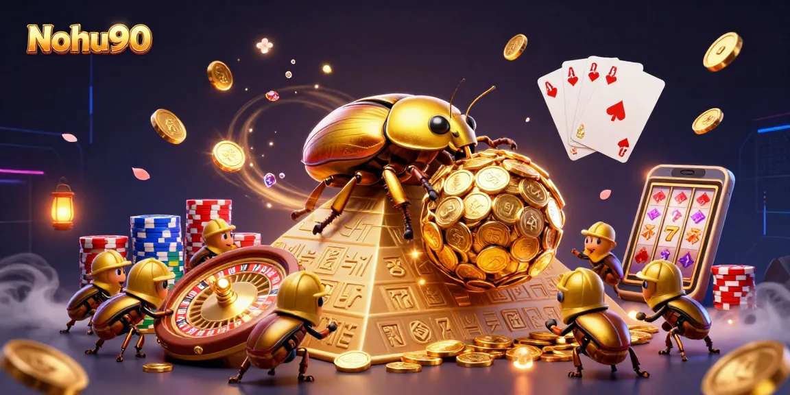 Nohu90 showcases a vibrant illustration of golden beetles rolling coin balls symbolizing thrilling slot wins.