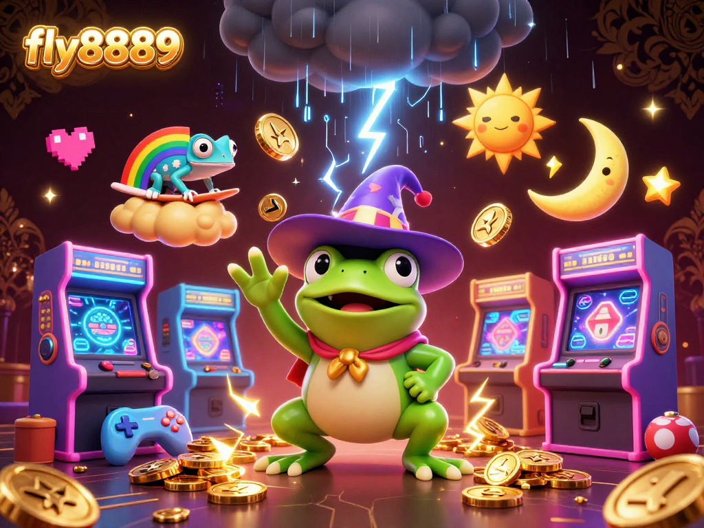 Experience exciting wins with fly8889 as a wizard frog casts golden coins in a vibrant casino.