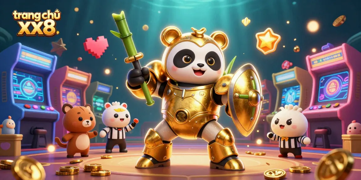 Engage in the thrill of gaming with trang chủ xx8, featuring a golden panda robot in a lively casino setting.