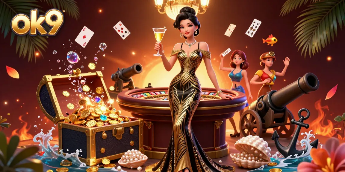Experience the thrill of the casino with ok9, featuring golden treasures, glamour, and a roulette table.