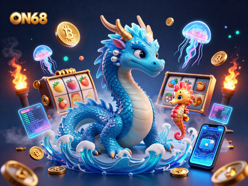 Experience thrilling gameplay at ON68 with a majestic water dragon and vibrant casino elements.