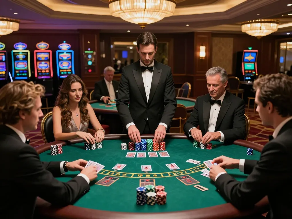 Intense blackjack gameplay at luxury casino featuring s666 strategic bets and focused players