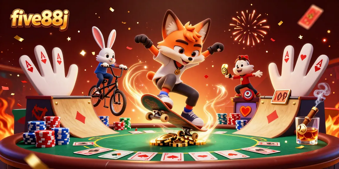 five88j features a skateboarding fox and BMX rabbit amidst a dynamic casino scene.