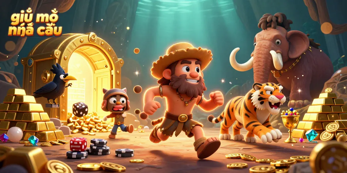 Engage with giải mã nhà cái in a vibrant casino scene featuring a caveman and sabertooth tiger.
