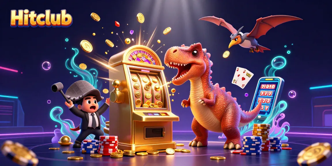 Hitclub features thrilling slot action with a dinosaur hitting a jackpot while coins fly in the air.