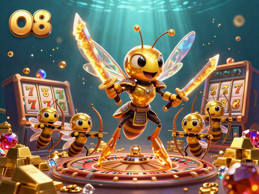 Experience the vibrant energy of O8 with a dazzling casino scene featuring iconic slot reels.