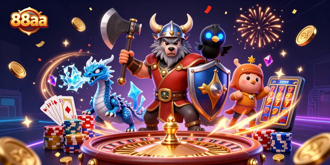 Engage in thrilling games at 88aa with a Viking wolf warrior, dragon, and festive casino elements.