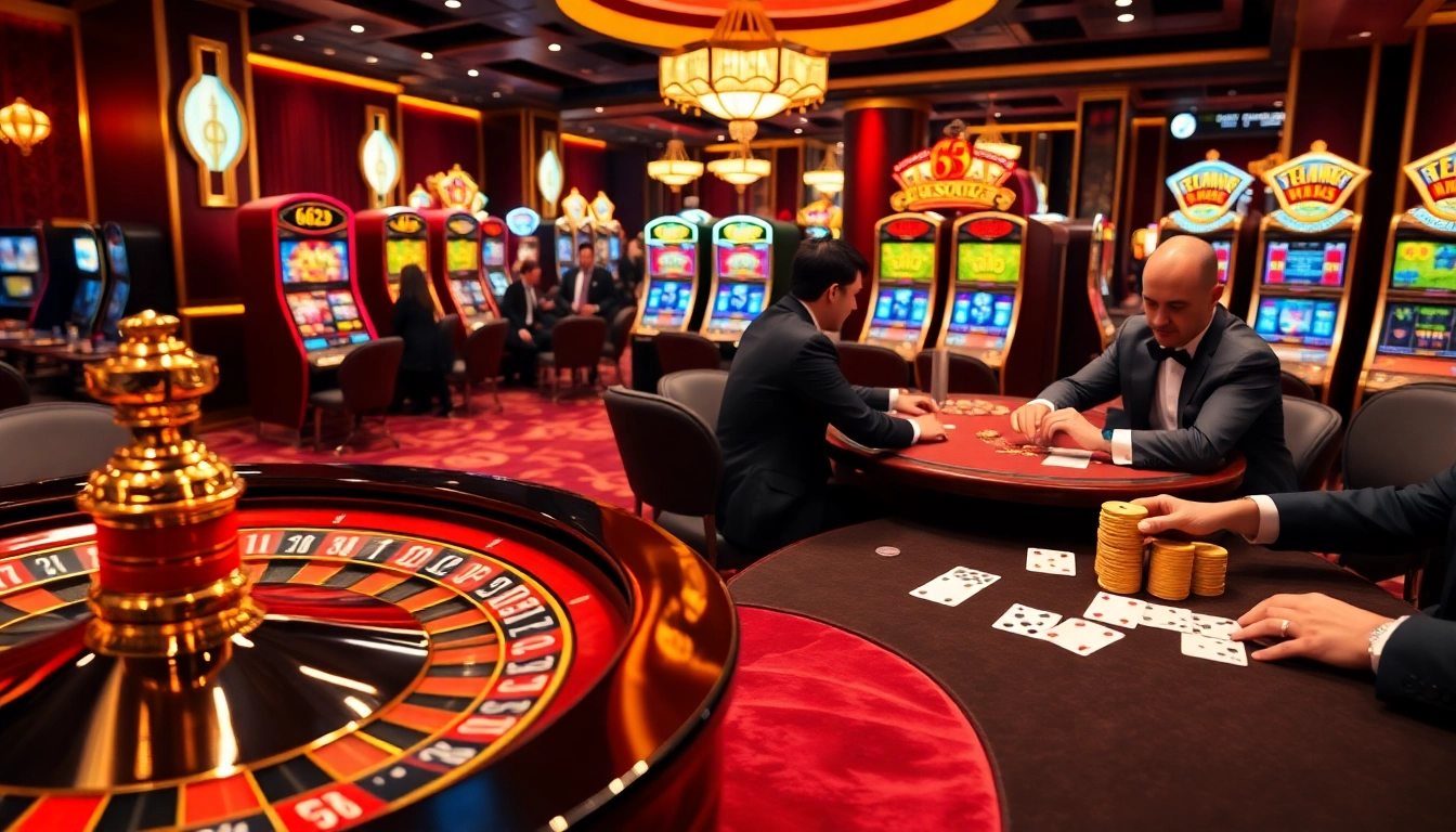 Engaging players at a luxurious 6623 casino table with a vibrant roulette wheel and poker game.