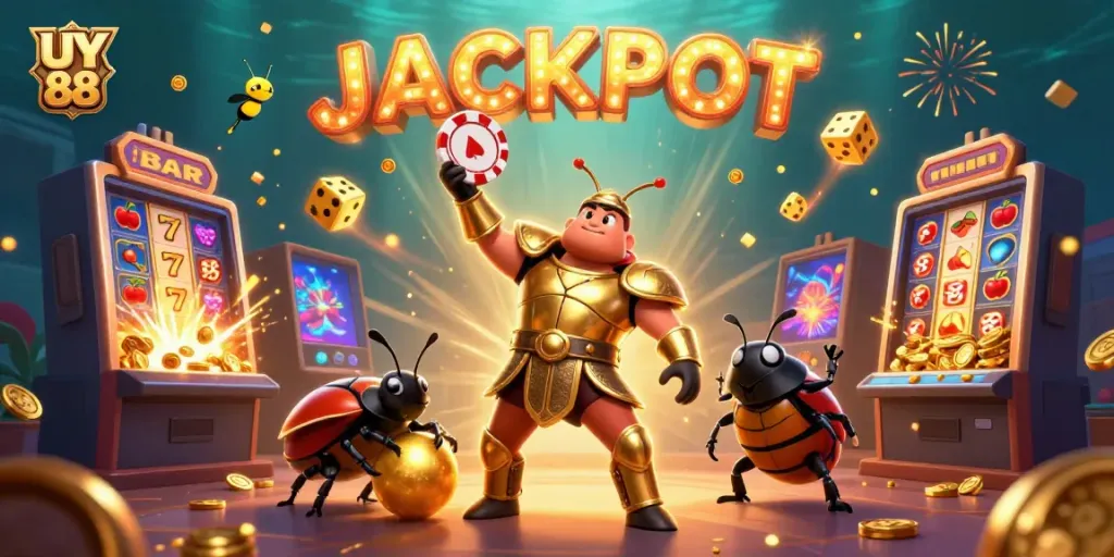Engage with UY 88's exciting casino scene featuring a victorious beetle and vibrant gaming elements.
