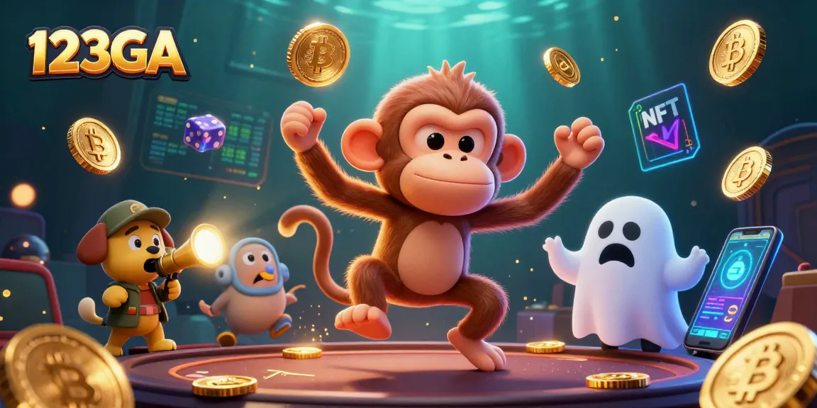 Engaging 123GA casino scene with 3D animated poltergeist monkey and ghost-hunter puppy amidst vibrant gaming elements.