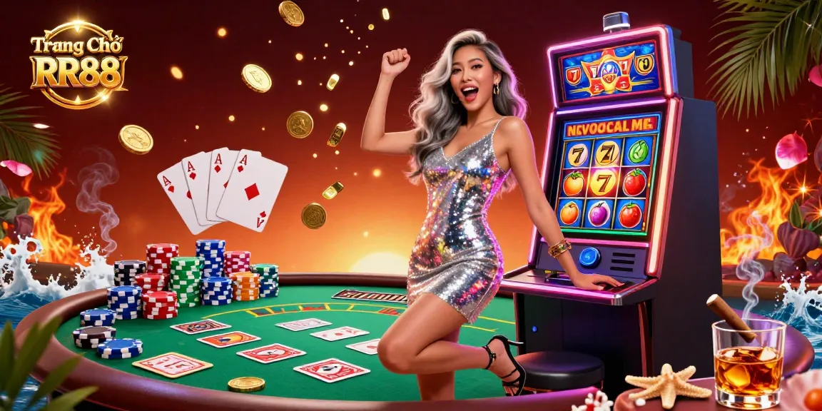 Spin the reels at Trang Chủ RR88, adorned with vibrant casino elements and a striking jackpot scene.