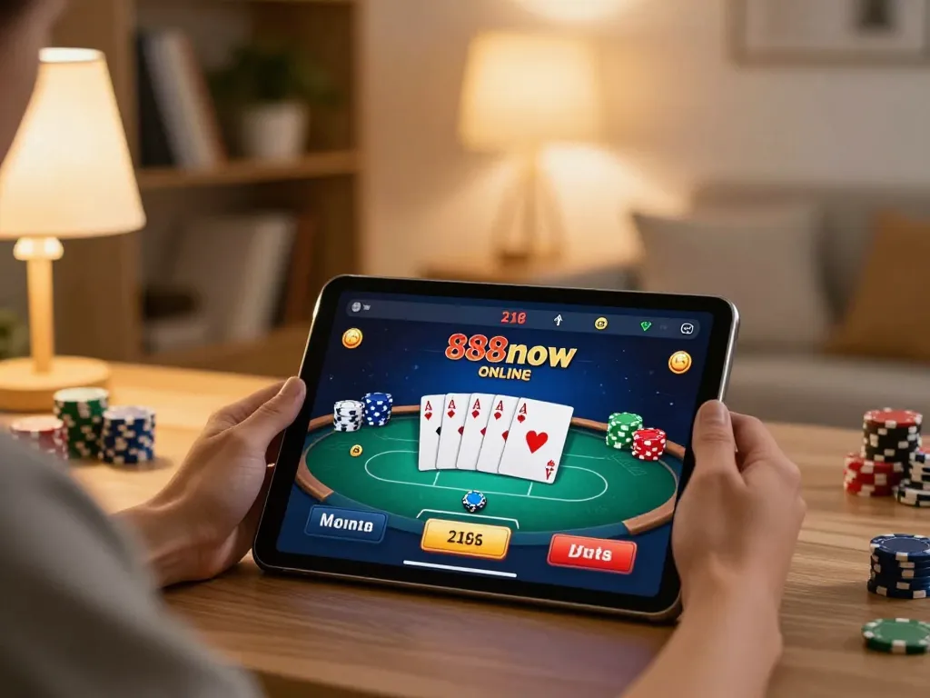 Player engaging in 888now online casino, focusing on poker gameplay with cozy home setup