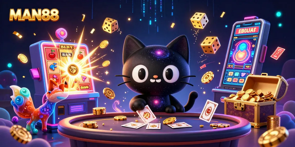 Experience the cosmic charm of MAN88 with a black hole cat and a nebula fox at a lively casino table.