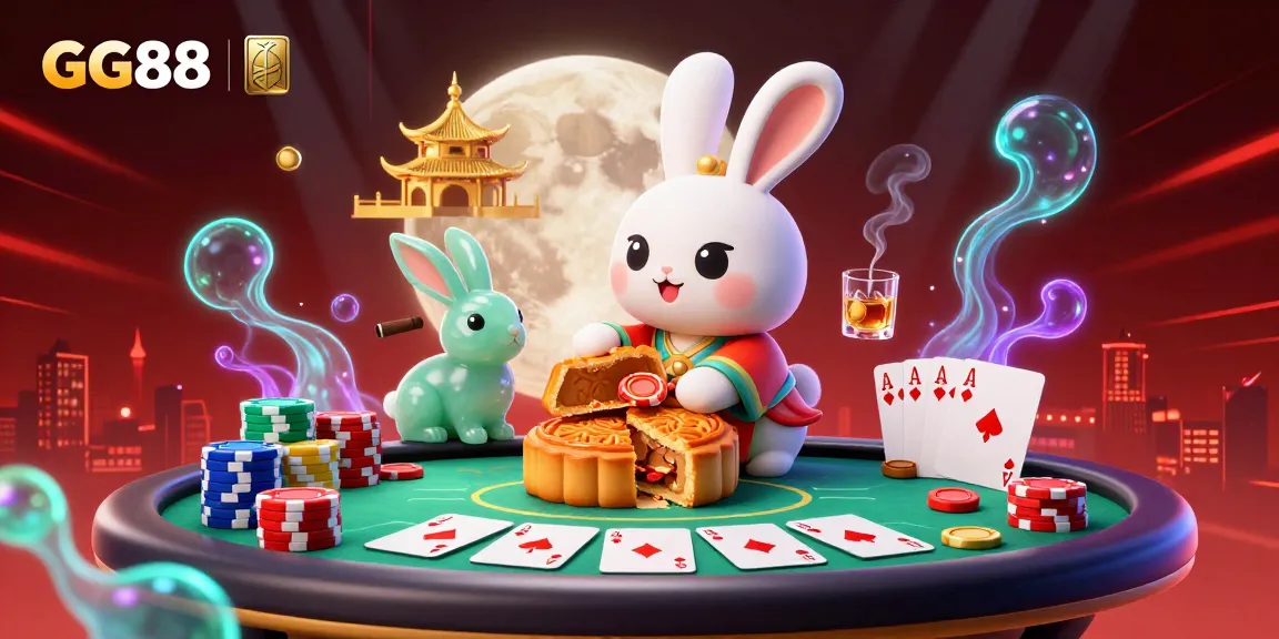 Experience GG88's vibrant casino scene with a moon rabbit, poker chips, and glowing elements.
