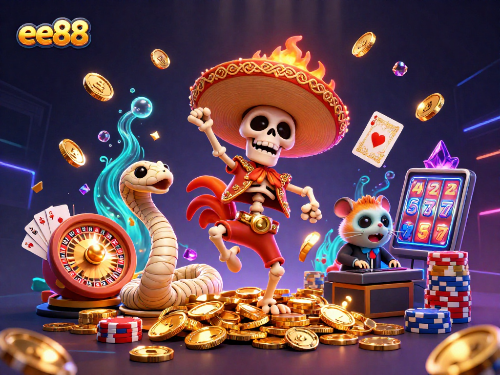 Experience thrilling wins with ee88's vibrant gaming atmosphere featuring lively characters and dazzling casino elements.