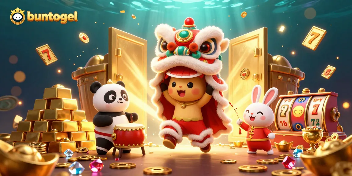 Buntogel offers an exciting online gambling experience with vibrant illustrations of slot reels and golden treasures.