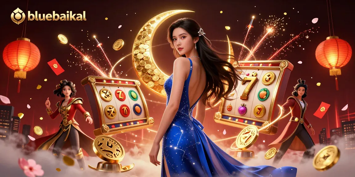 Experience the thrilling bluebaikal online casino atmosphere with a vibrant 3D illustration of slot games and elegant characters.