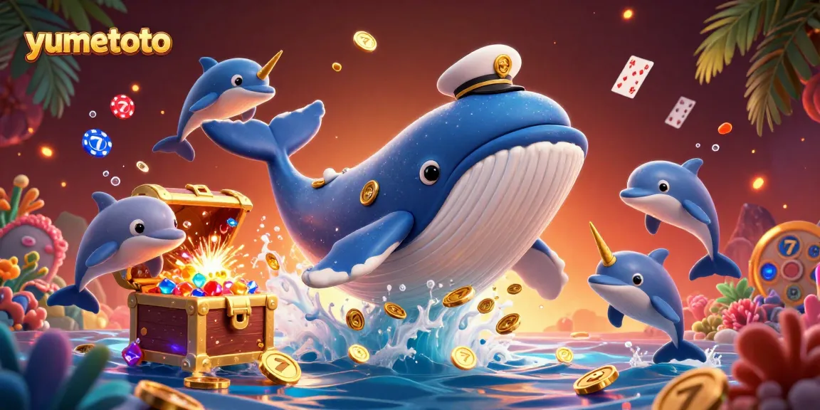Yumetoto showcases an animated whale, a shiny narwhal, and dolphins performing with poker chips in a vibrant underwater casino.