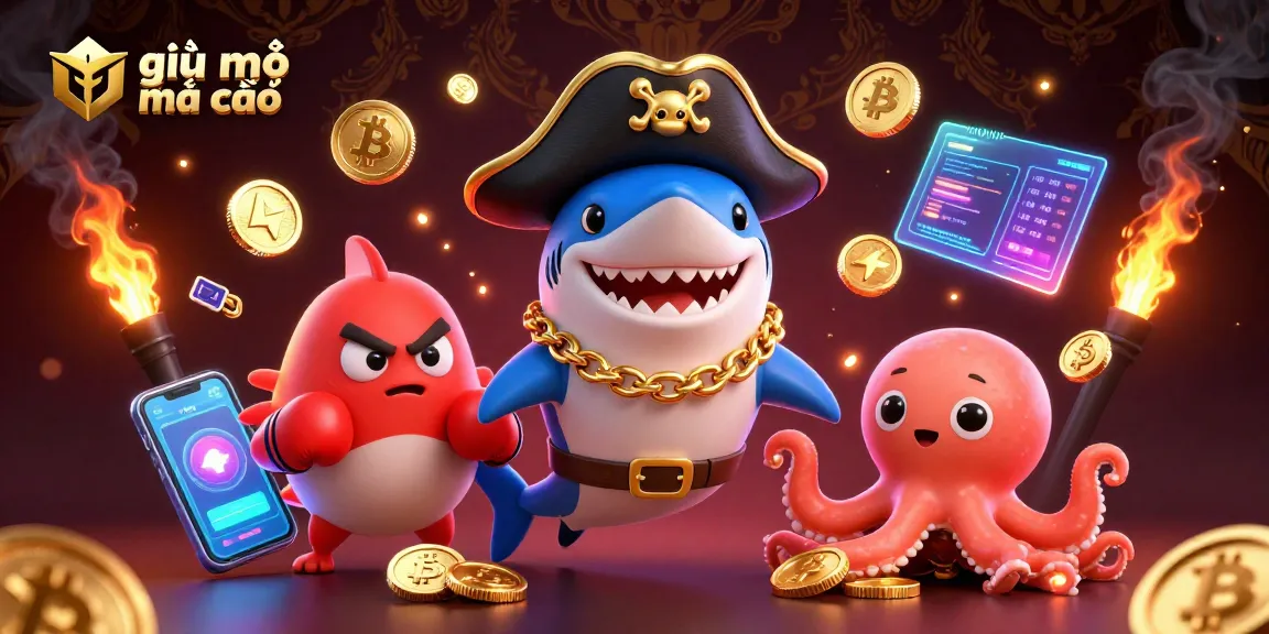 Interact with the dynamic scene of giải mã nhà cái featuring a cartoon pirate shark, pufferfish, and octopus surrounded by vibrant gambling elements.
