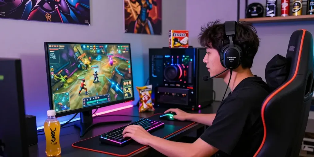 Gamer immersed in rokok88 gaming experience with high-tech setup and vibrant atmosphere.
