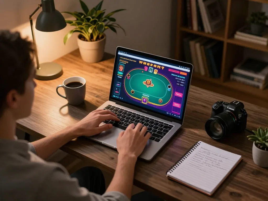 Player enjoying MK8 poker on laptop, showcasing an engaging home gaming setup.