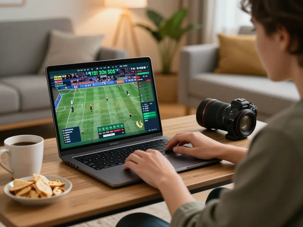 Person using BL555 for online sports betting in a cozy home setting with engaging screen display