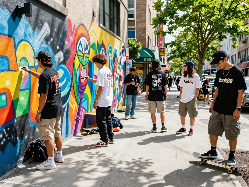 Youthful urban individuals dressed in rokok88 apparel, showcasing vibrant street life and creativity.