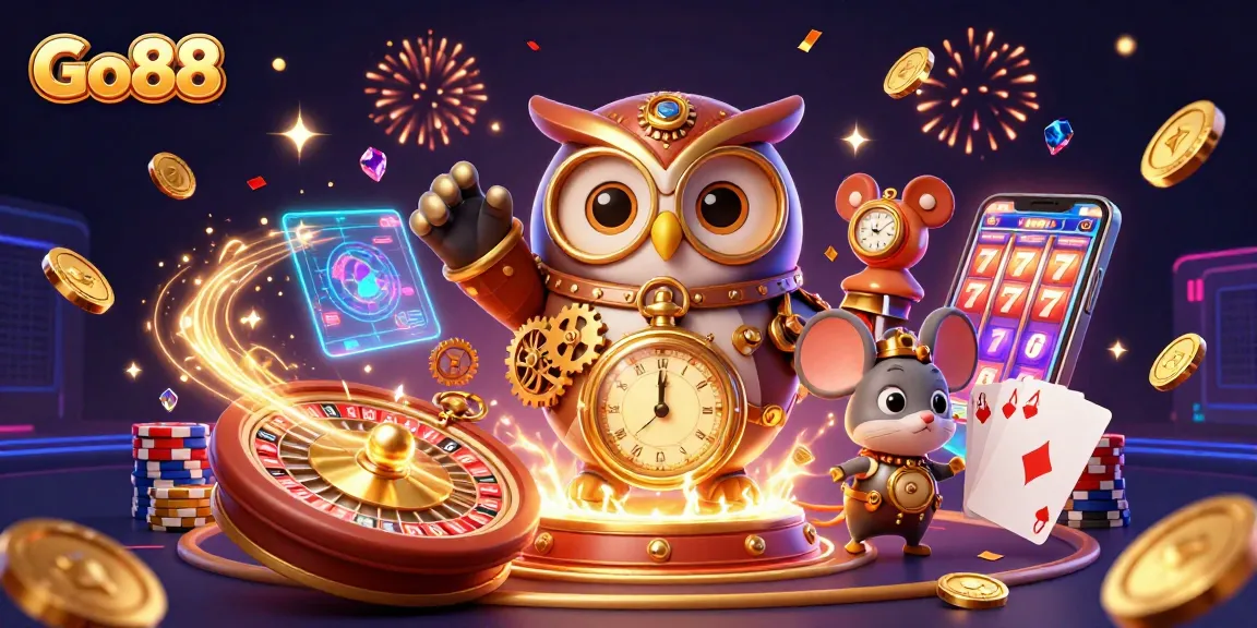 Experience thrilling gaming action with Go88 as the casino-themed scene bursts with excitement and rewards.