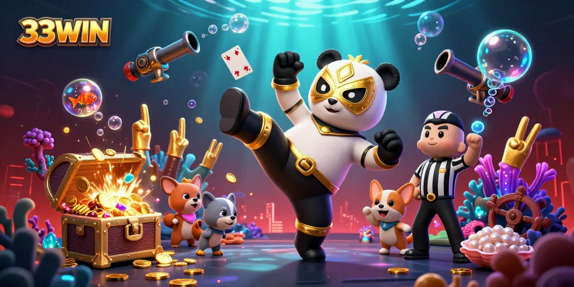 33WIN launches a vibrant underwater-themed promotional illustration featuring whimsical characters engaging in exciting gambling activities.