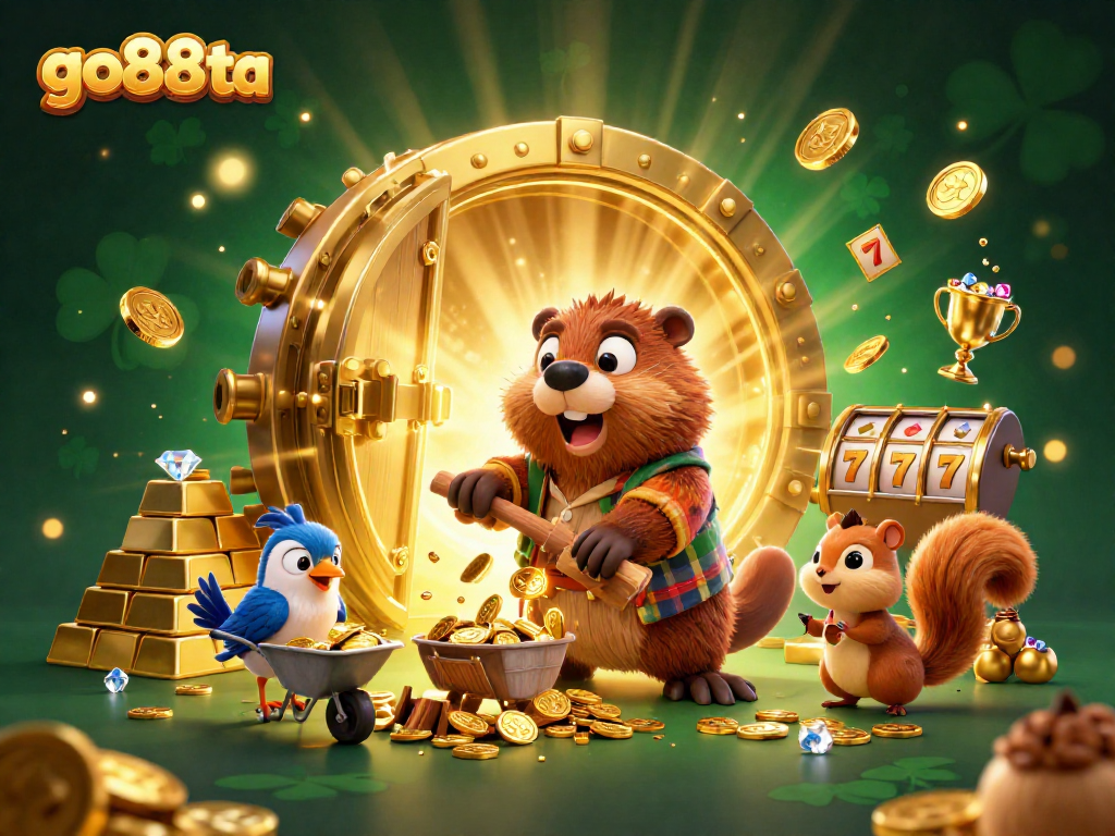 go88ta's vibrant 3D illustration featuring a cheerful lumberjack beaver among golden treasures and slot reels.