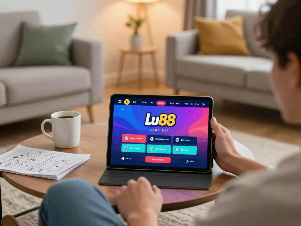 Playing Lu88 on a tablet in a cozy home setting with strategic notes on the coffee table