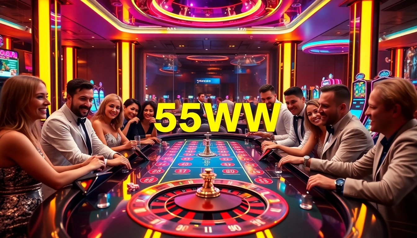 Experience the excitement of 55WW gambling with vibrant casino tables, chips, and players.