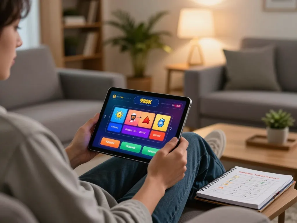Player enjoying an online game at home with 99OK app on tablet, showcasing strategic gambling.