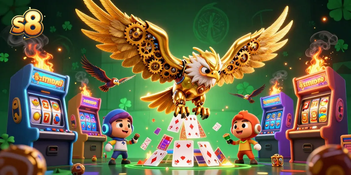 Experience the thrill of s8 gaming with cybernetic eagle and vibrant casino elements.