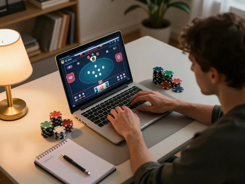 TT88 player strategizing in a cozy home setting during an online poker game.