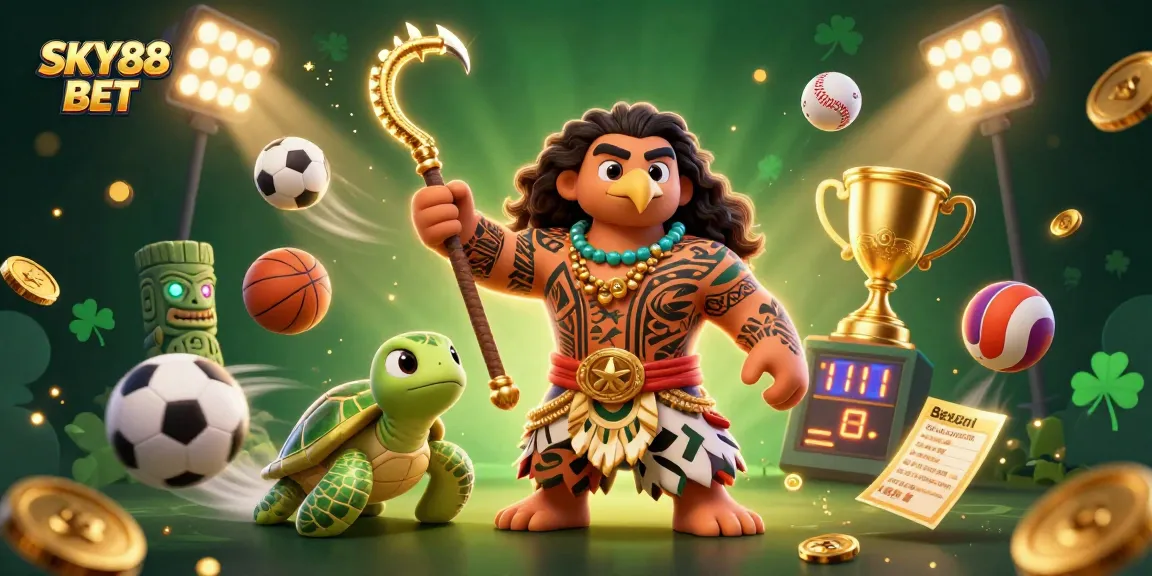 SKY88 BET showcases a vibrant 3D illustration with dynamic sports betting elements and a colorful Polynesian theme.